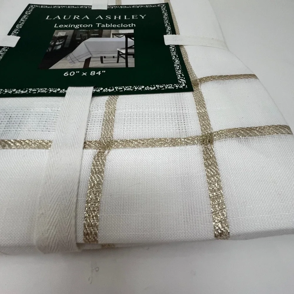Laura Ashley Lexington Tablecloth White Sparkling Gold Ribbon 60 x 84 Inch New